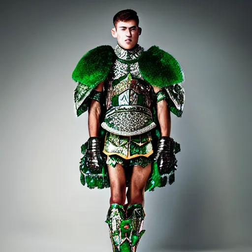 Image similar to a portrait of a beautiful young male wearing an alexander mcqueen armor made of emeralds , photographed by andrew thomas huang, artistic