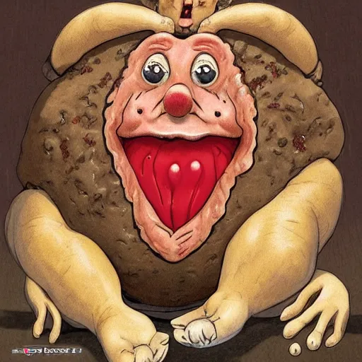 Prompt: big chungus big eyes wide open, horrific sentient meatloaf, holding meatloaf, sloppy, gross, meatloaf, hyper realistic, terrifying, disturbing, strange, bizarre, masterpiece, meatloaf is everywhere, ground beef bloody, liquid, 4 k, vivid colors, elegant, highly detailed, john park, frazetta, john howe, ruan jia, jeffrey catherine jones