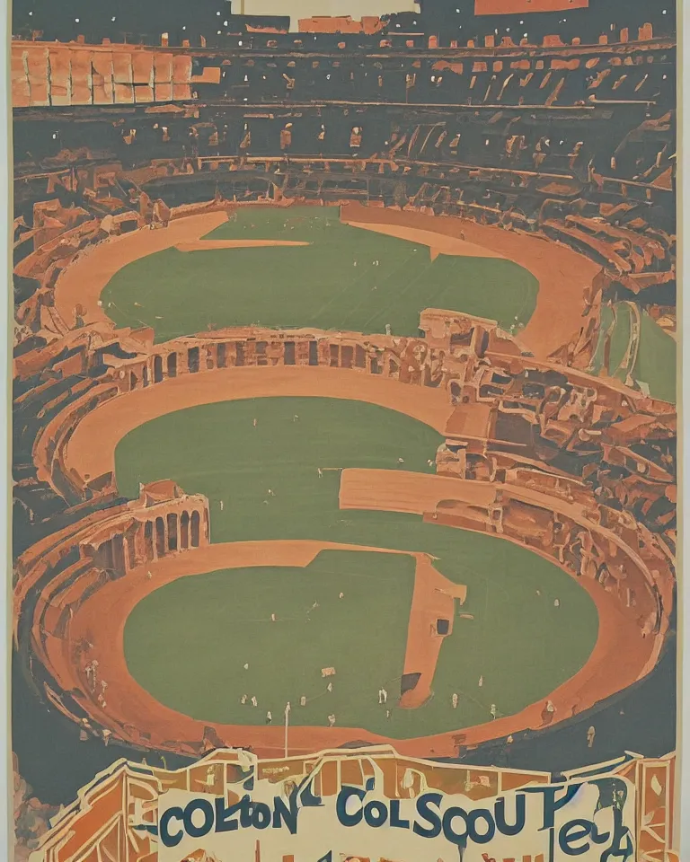 Image similar to art deco era poster for baseball in the Colosseum by Ed Ruscha.