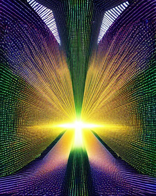 Image similar to shining beacon of light, technological singularity, supercomputer, by mitchell stuart, experimental, utopia, portals, rays of light, highly detailed, masterpiece, award winning