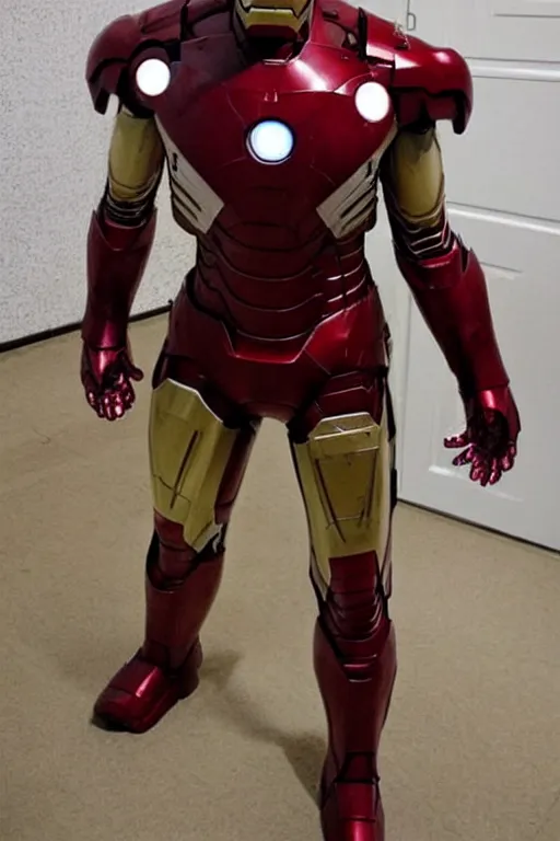 Image similar to iron man cosplay, creepy, disturbing, bloody, darkness, grainy