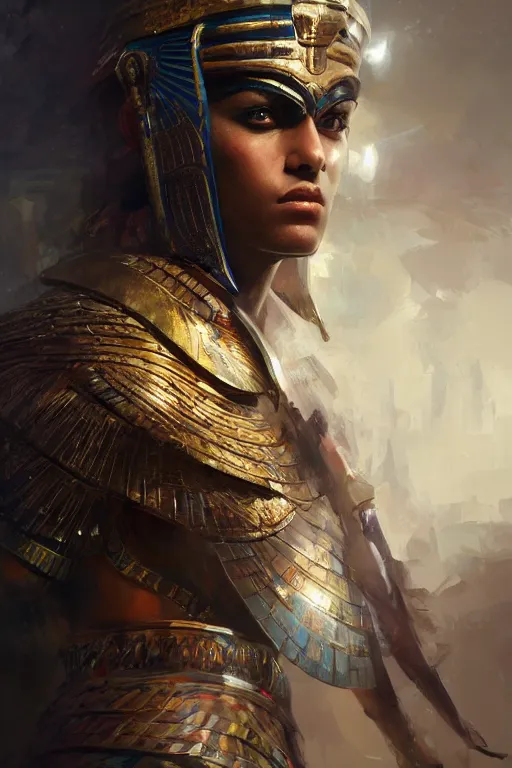 Image similar to egyptian warrior, portrait, powerfull, intricate, elegant, volumetric lighting, digital painting, highly detailed, artstation, sharp focus, illustration, ruan jia