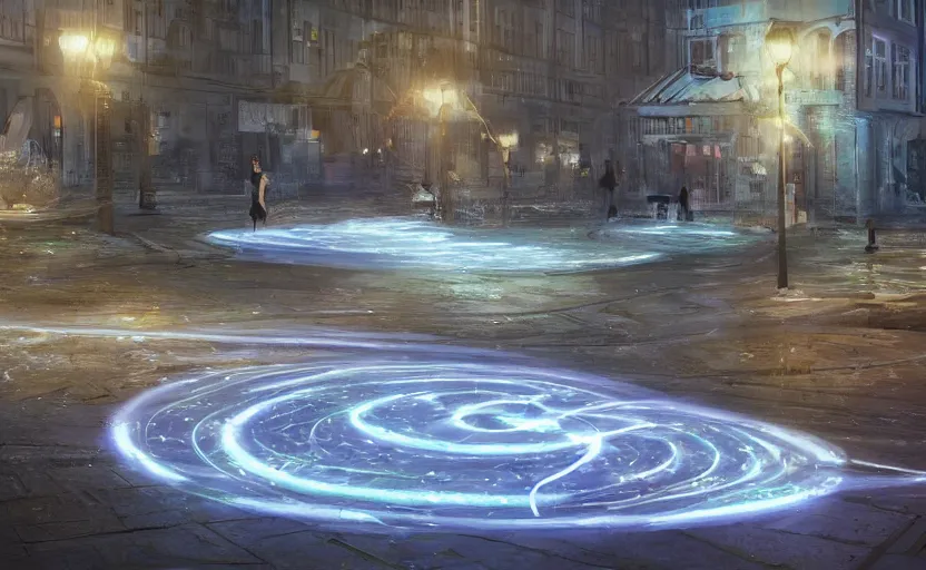 Image similar to pepople and a spiral - shaped white luminous attractor is floating on the ground in soviet city, concept art, art for the game, professional lighting, art painted in street style