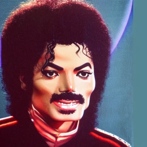 Prompt: 1982 Michael Jackson with moustache and short hair in a synthwave mountain