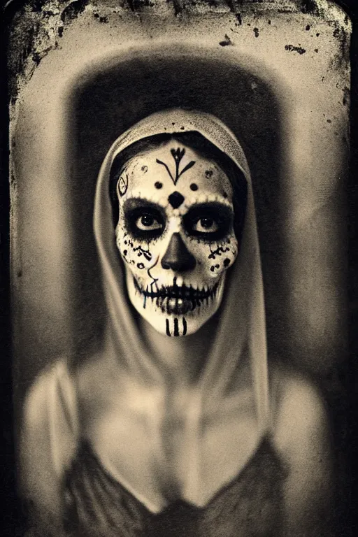 Image similar to wet collodion process, tintype virgin mary in dia de muertos dress and make up, horrific beautiful vibe, evocative, atmospheric lighting, painted, intricate, highly detailed, leesha hannigan, wayne haag, reyna rochin, ignacio fernandez rios, mark ryden, iris van herpen, stunning, gorgeous, sharp focus, cinematic, masterpiece