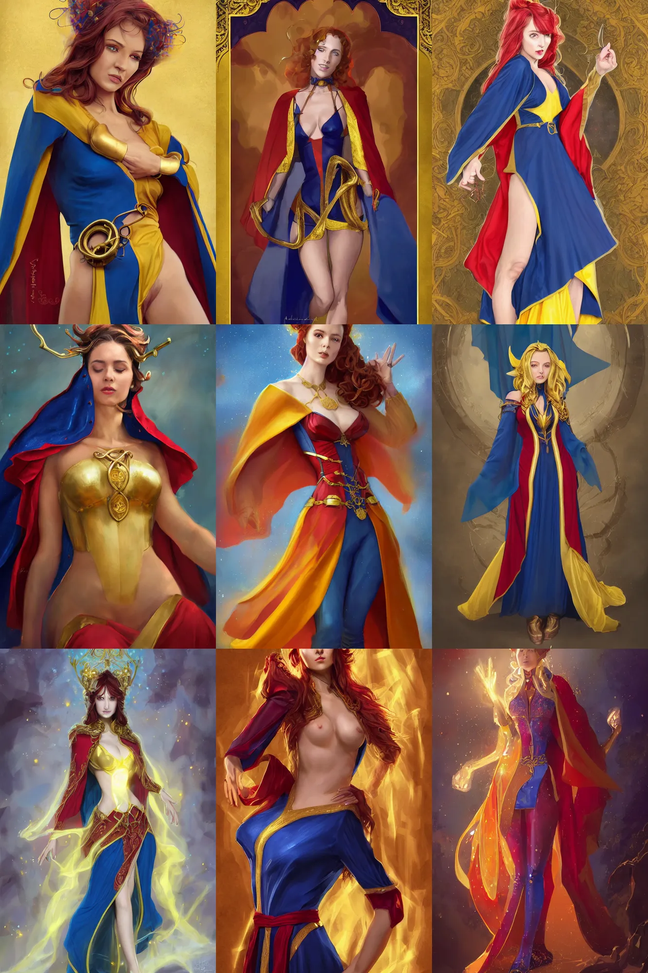 Prompt: Full portrait of Elementalist, female, gorgeous, beautiful face, Red and blue garments, yellow robes, brass bracelets, transparent cloak from neck to ankles, pin-up, shapely toned derriere, highly detailed, smooth, sharp focus, digital painting, illustration, by by Albert Aublet, Krenz Cushart, WLOP and Sakimichan, artstation