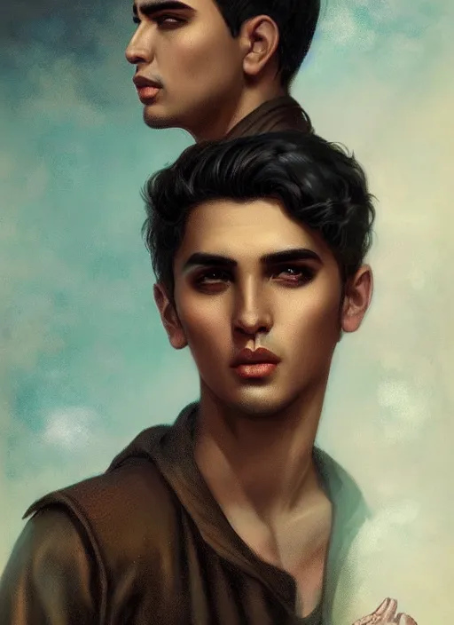 Image similar to a magical portrait of a handsome latino male gang member with dark brown eyes and short blackhair, art by manuel sanjulian and tom bagshaw