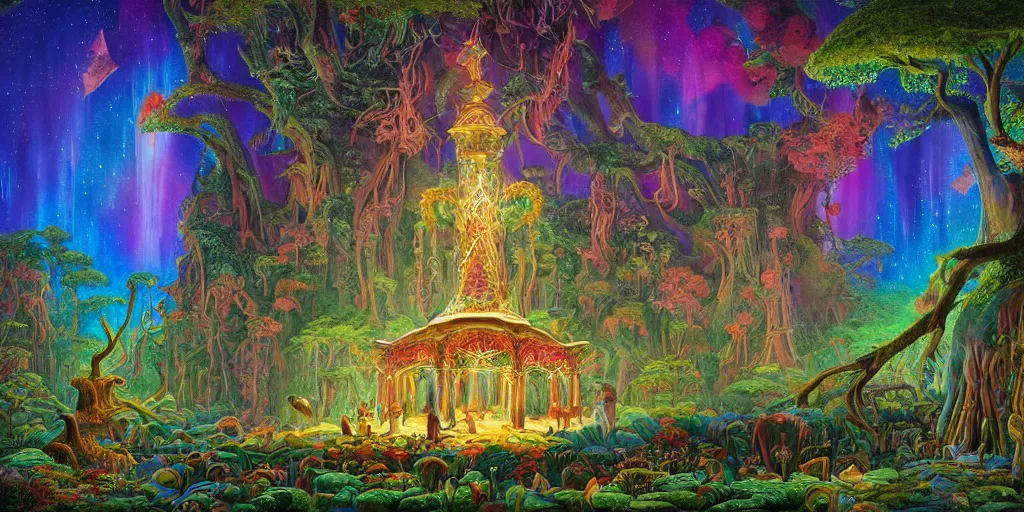 Image similar to beautifully detailed painting of a dreamy psychedelic rainforest with fireflies and fairies, intricate coral, fungal gems, iridescent crystal monoliths, obelisks and an aurora borealis, mossy stumps by dan mumford, diego rivera, eugene delacroix, jean leon gerome, eddie mendoza