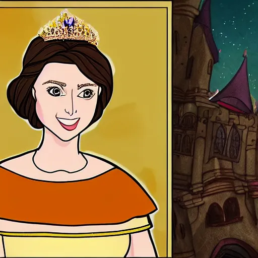 Image similar to rachel bloom as an animated princess looking for her prince with a medieval world with lots of disease and cruelty, digital art