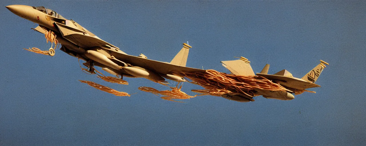 Prompt: a fighter jet built out of spaghetti, flying over the ocean, canon 5 0 mm, cinematic lighting, photography, retro, film, kodachrome