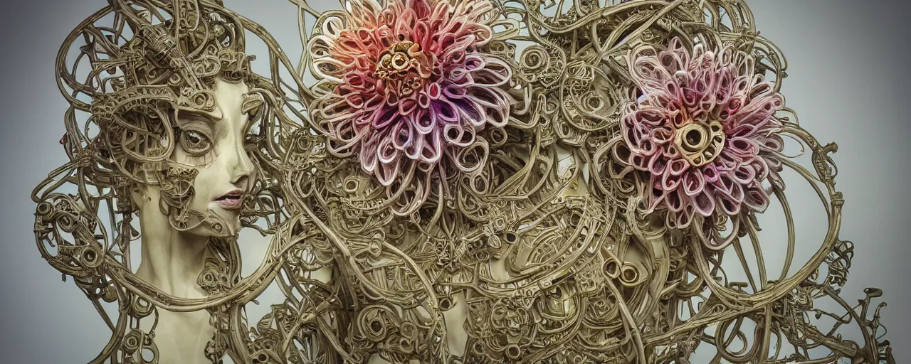 Prompt: steampunk glass plastic plaster flowing dahlia designed by h. r. giger,, architecture, painted by moebius and jean - michel charlier, colorful, extremely detailed faces, intricate linework, smooth, super sharp focus, colorful, high contrast, matte, bokeh