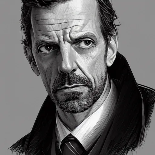Prompt: portrait of Doctor Gregory House, elegant, intricate, headshot, highly detailed, digital painting,black and white, artstation, concept art, sharp focus, illustration, art by artgerm and greg rutkowski and alphonse mucha