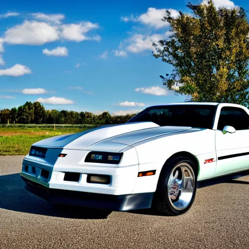 Prompt: 1 9 9 1 z 2 8 camaro in white with white and chrome rims sitting on a grassy field and perfect blue sky