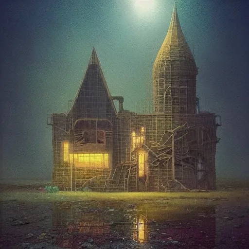 Image similar to strangely beautiful place. digital artwork by vincent bons, michael whelan, beeple, remedios varo and gerardo dottori. grainy and rough. interesting pastel colour palette. beautiful light. oil and water colour based on high quality render. retro.