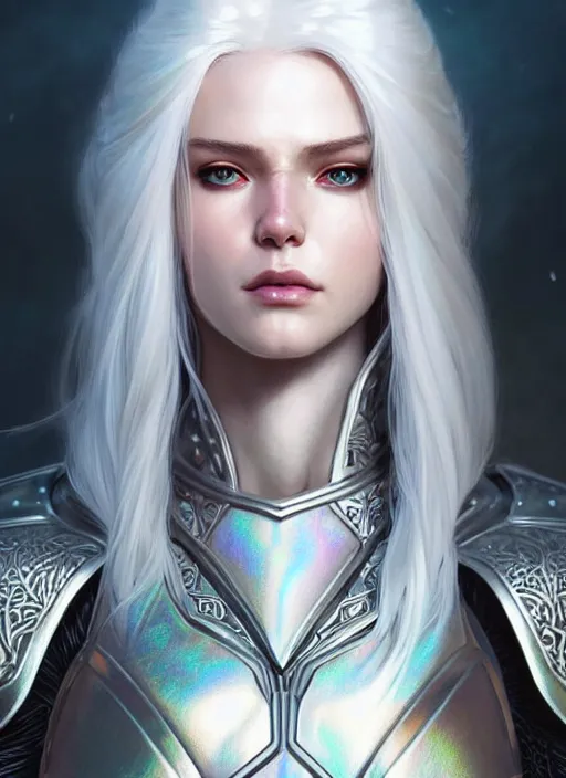 Prompt: light iridescent armor!!! long wild white hair!! covered chest!!! fantasy, d & d, intricate ornate details, digital painting, pretty face!!, symmetry, concept art, sharp focus, illustration, art by artgerm! greg rutkowski magali villeneuve wlop! ilya kuvshinov!!, octane render