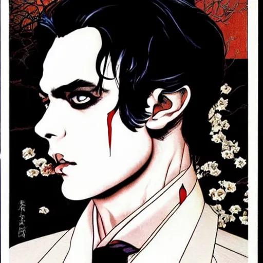 Prompt: symmetrical alain delon as a vampire, style of takato yamamoto