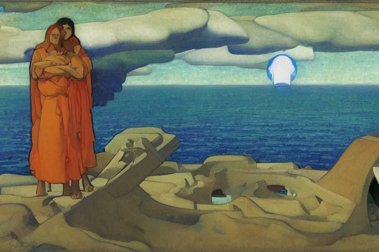 Prompt: the wake of the unseen object,by Nicholas Roerich and William Dyce and ford madox brown, symbolist, dramatic lighting, elaborate geometric ornament, cool blue and green colors, Art Brut, smooth, sharp focus, extremely detailed