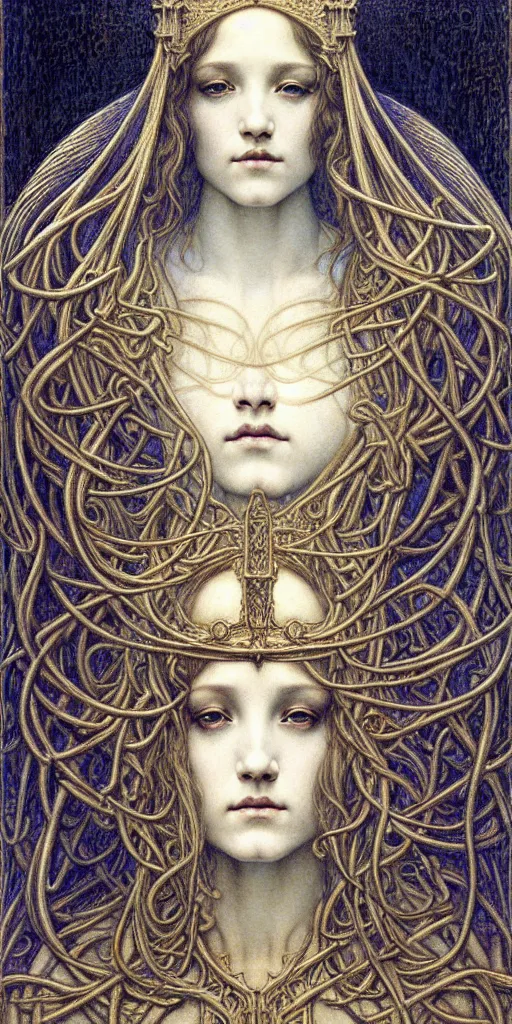 Image similar to detailed realistic beautiful young medieval queen face portrait by jean delville, gustave dore and marco mazzoni, art nouveau, symbolist, visionary, gothic, pre - raphaelite. horizontal symmetry