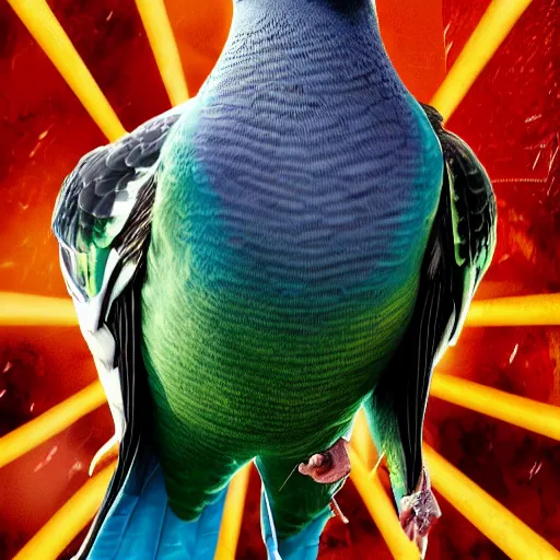 Prompt: action pigeon hero Michael Bay movie poster featuring Marvel Majestic Fat Pigeon in a extravagant full pigeon body green suit by Alex Ross, oil painting