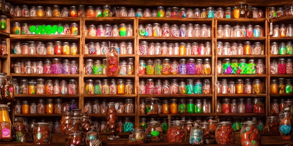 Image similar to Inside an old sweet shop, large jars on shelves, beautiful labels, fantasy vendor interior, wide angle, cinematic, highly detailed, photorealistic, rich bright colors, trending on artstation