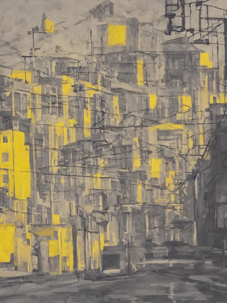 Prompt: gray street of the soviet city, the eighties, yellow sky as background, hyper realistic