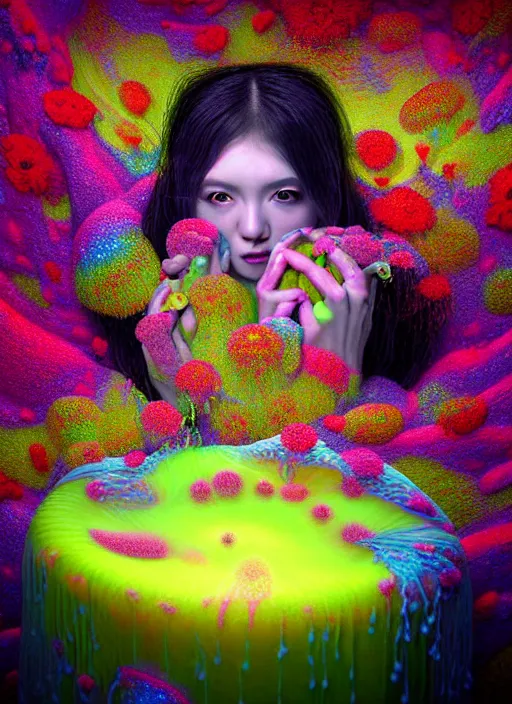 Image similar to hyper detailed 3d render like a Oil painting - kawaii Aurora (Singer) seen Eating of the Strangling network of colorful yellowcake and aerochrome and milky Fruit and Her delicate Hands hold of gossamer polyp blossoms bring iridescent fungal flowers whose spores black the foolish stars by Jacek Yerka, Mariusz Lewandowski, Houdini algorithmic generative render, Abstract brush strokes, Masterpiece, Edward Hopper and James Gilleard, Zdzislaw Beksinski, Mark Ryden, Wolfgang Lettl, Dan Hiller, hints of Yayoi Kasuma, octane render, 8k