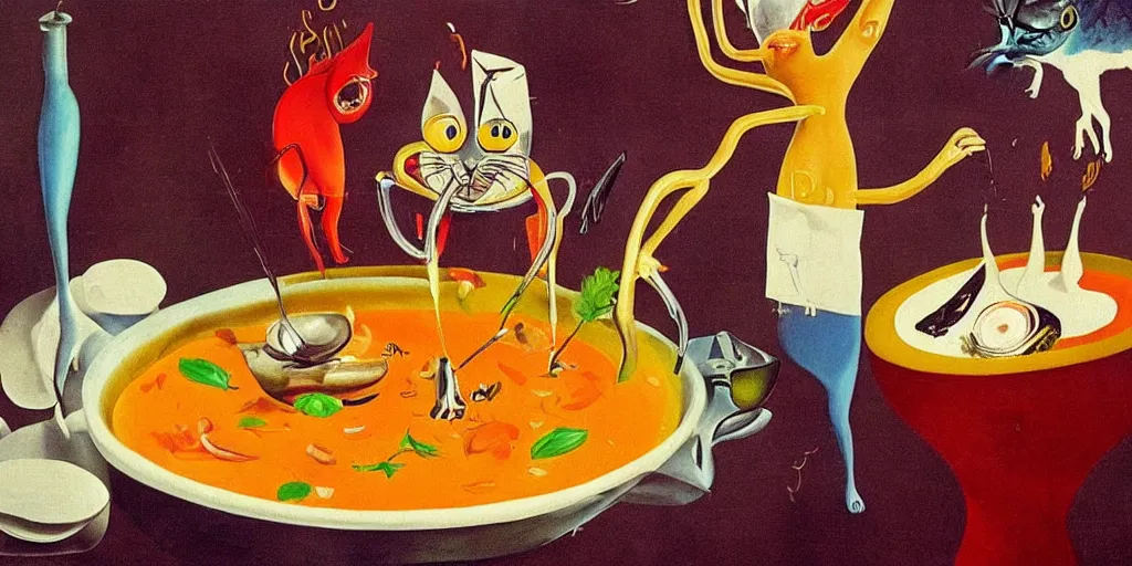 Image similar to anthropomorphic cat chef cooking a delicious colorful soup, by Salvador Dali