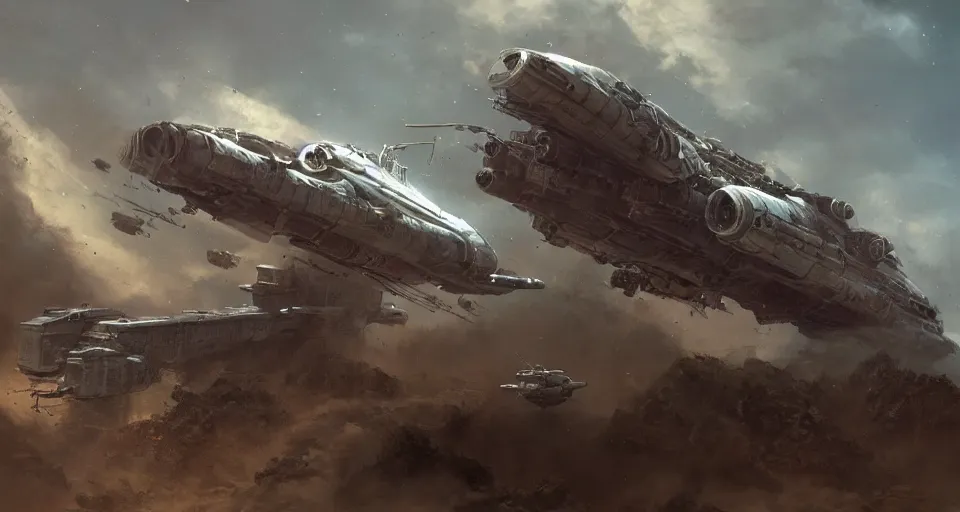 Image similar to a highly detailed epic cinematic concept art CG render digital painting artwork: wide shot of Soviet dieselpunk Han Solo played by Harrison Ford piloting his starship. By Greg Rutkowski, Ilya Kuvshinov, WLOP, Stanley Artgerm Lau, Ruan Jia and Fenghua Zhong, trending on ArtStation, subtle muted cinematic colors, made in Maya, Blender and Photoshop, octane render, excellent composition, cinematic atmosphere, dynamic dramatic cinematic lighting, precise correct anatomy, aesthetic, very inspirational, arthouse