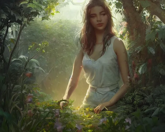 Image similar to a beautiful girl is taking care of the garden in a beautiful and varied vegetation dream garden with quality pruning shears, artstation greg rutkowski, cinematic, hyperrealist, beautiful face and features, the most beautiful girl digital art, light essential calm quality wlop projection render