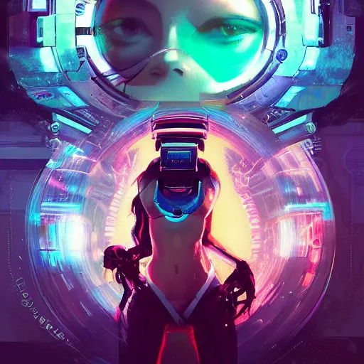 Image similar to portrait of a beautiful cybernetic raver girl wearing a oculus rift headset, cyberpunk concept art by pete mohrbacher and artgerm and wlop and deathburger and syd mead, digital art, highly detailed, intricate, sci-fi, neon colors, sharp focus, Trending on Artstation HQ, deviantart, unreal engine 5, 4K UHD image