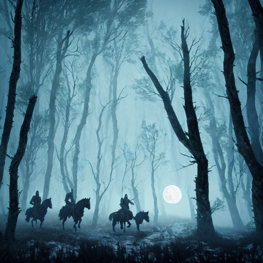 Image similar to the wild hunt, ghost riders, spectral skeletal shadowy creatures, full moon, lurking enchanted woods, blizzard, fog, treacherous road, uneasy atmosphere, cinematic, the witcher, arnold gpu + octane workflow, 8 k, unreal 5, realistic, intricate digital art, volumetric lighting, trending artstation, dark fantasy