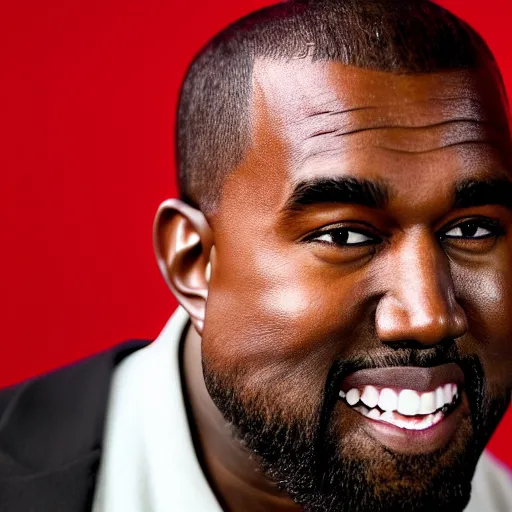 Image similar to kanye west smiling, hyperrealistic , photo, harsh lighting, red eyes