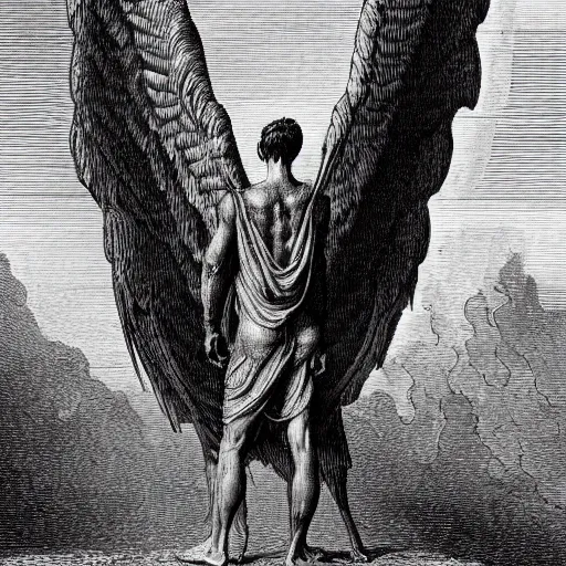 Prompt: a small man standing in front of a massive winged demon, highly detailed, high contrast, in the style of Gustave Dore