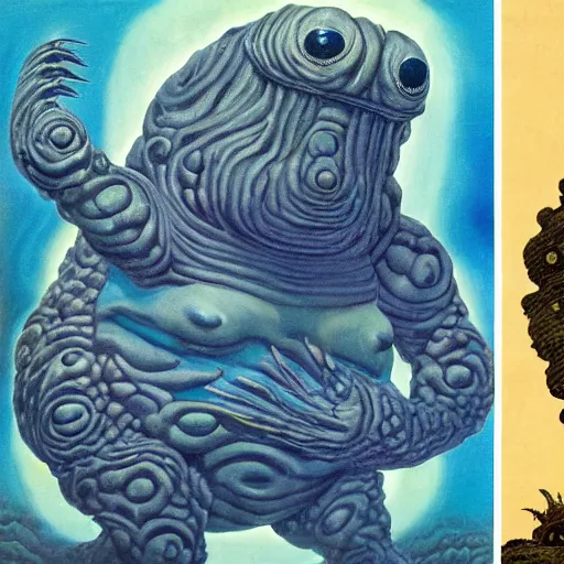 Image similar to a giant tardigrade kaiju retro japanese, monster slimy, oil painting, 7 0 s vintage art, by georgia o keeffe, by kay nielsen, by gustave dore, by frank frazetta, nausicaa, collage, by james gurney