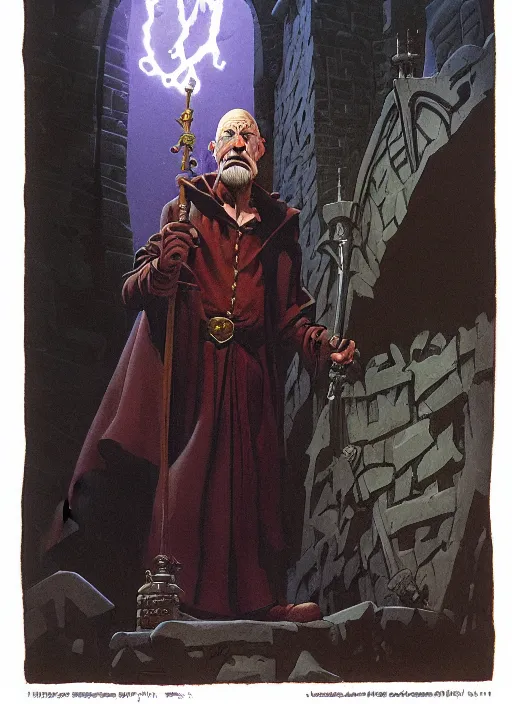 Image similar to highly detailed, hyper realistic wizard with a dungeon background by mike mignola frank frazzeta james gurney