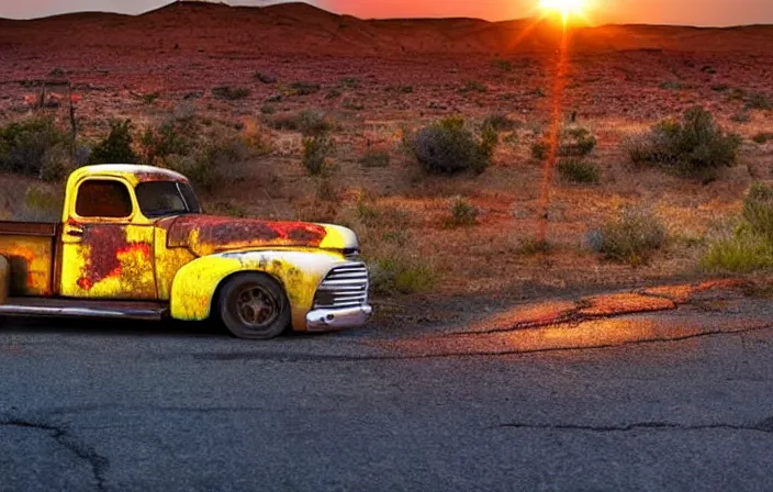 Image similar to A beautiful colorful evening scene of route66, old road with abandoned gas station and rusty old pickup truck, hyper realistic, blinding backlight evening sun, sparkling sun rays, epic scene, intense setting, evening vibe