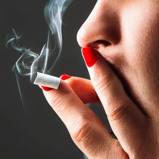 Prompt: Close-up of only realistic soft hand holding cigarette with smoke, hyper realism, white background, 4K