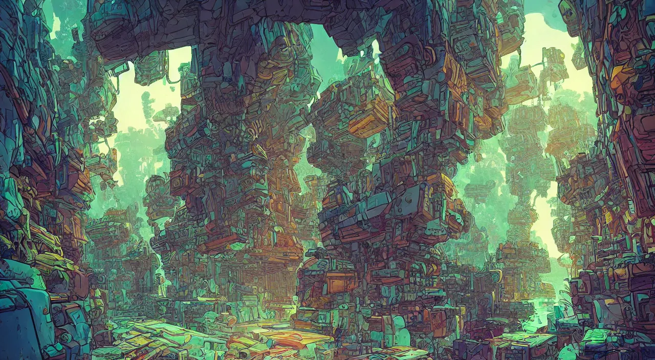 Prompt: open door wood wall fortress greeble block amazon jungle on portal unknow world ambiant fornite colorful that looks like it is from borderlands and by feng zhu and loish and laurie greasley, victo ngai, andreas rocha, john harris