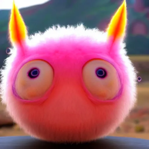 Image similar to an alien with a face that looks like a fuzzy peach the peach is fuzzy pink warm and ripe the alien has horns and a mean smile, 4k, highly detailed, high quality, amazing, high particle effects, glowing, majestic, soft lighting