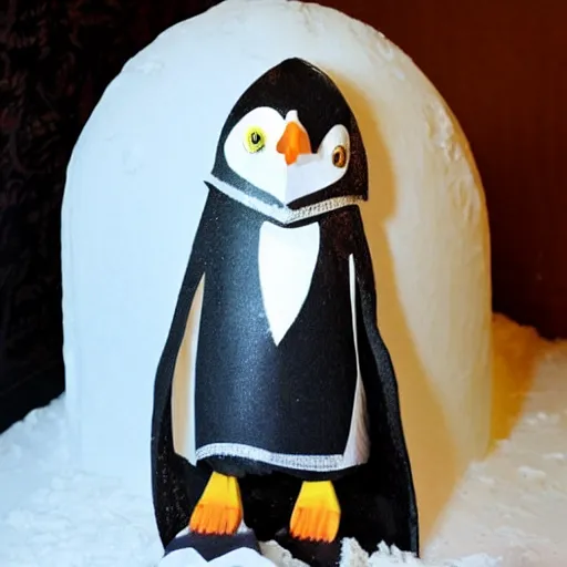 Prompt: A penguin in an igloo dressed as Edward Scissorhands. Illusrtration