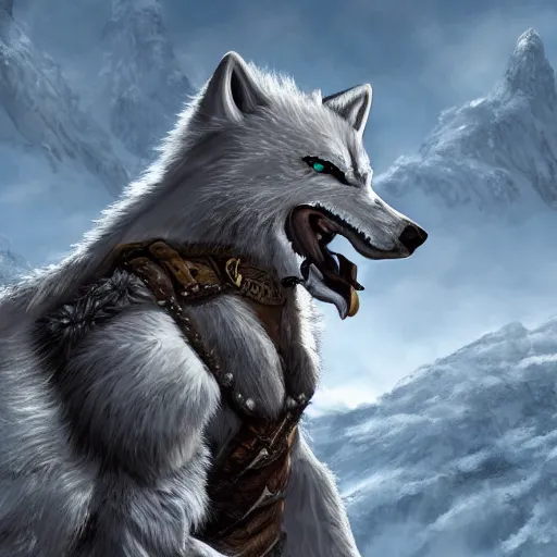 Image similar to A White Wolf barbarian on top a snowy mountains, highly detailed award winning character illustration trending on artstation, 4k