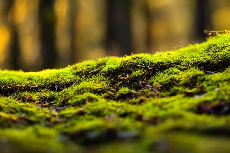 Prompt: macro photograph of moss on the forest floor, bathed in golden light