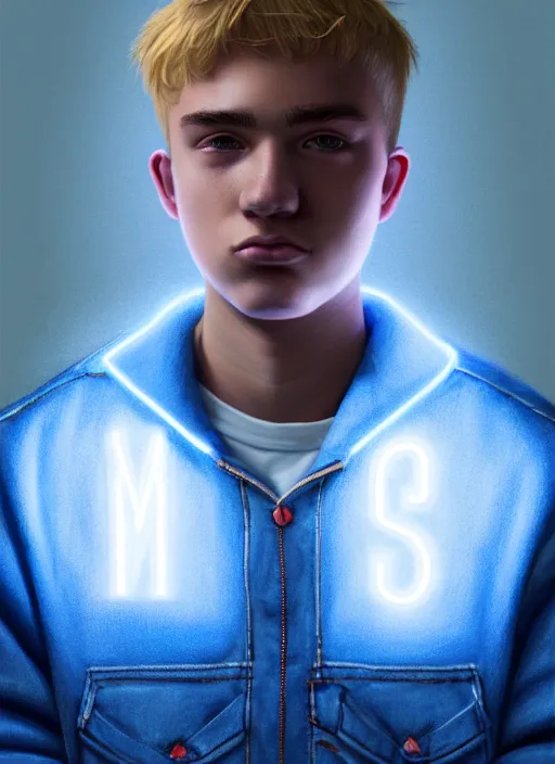 Image similar to portrait of high school senior boy named big moose, blonde short hair, jock, beefy, wide face, square jaw, square facial structure, blue varsity jacket with his name, intricate, elegant, glowing lights, highly detailed, digital painting, artstation, concept art, sharp focus, illustration, art by wlop, mars ravelo and greg rutkowski