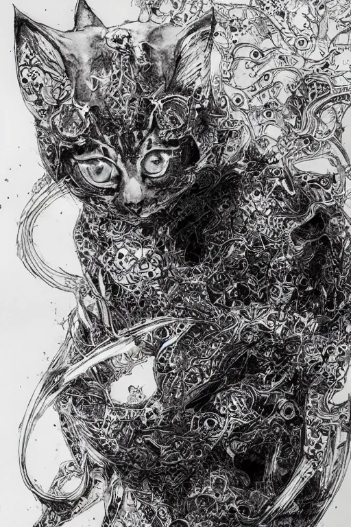 Image similar to Kitten vampire lord, pen and ink, intricate line drawings, by Yoshitaka Amano, Ruan Jia, Kentaro Miura, Artgerm, watercolor