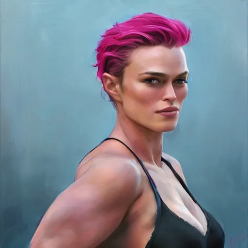 Image similar to greg manchess portrait painting of confident keira knightley with pink hair as beautiful thick female bodybuilder zarya from overwatch, medium shot, asymmetrical, profile picture, organic painting, sunny day, matte painting, bold shapes, hard edges, street art, trending on artstation, by huang guangjian and gil elvgren and sachin teng