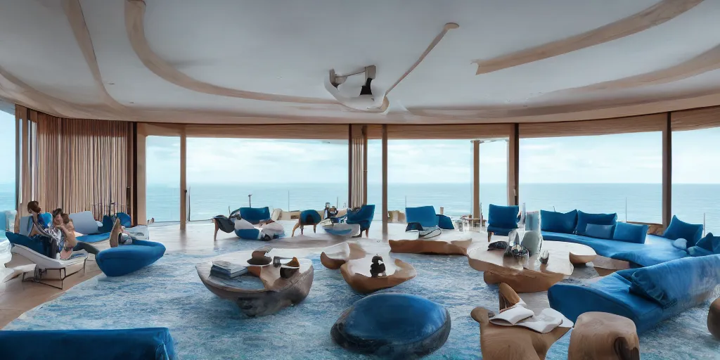 Prompt: A modern hi tech living room in a ocean hues style next to a big terrace overlooking the ocean, a luxurious wooden coffee table with large seashells on top in the center, inspired by the ocean, calm, relaxed style, harmony, wide angle shot, 8k resolution, ultra detailed