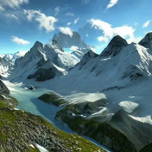 Prompt: beautiful scenery of swiss alps, photorealistic, ultra - detailed, 4 k high resolution, hdr shot, unreal engine rendering 4 k