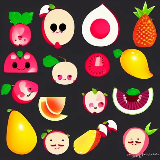 Image similar to a set of kawaii fruits isolated on white background, stylized, cartoon, cute, vector graphics, trending on pinterest, featured on artsation, high quality, smooth graphics, fine edges,