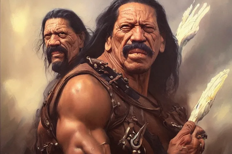 Image similar to A beautiful oil painting of a Danny Trejo, by Lucas Graciano, Frank Frazetta, Greg Rutkowski, Boris Vallejo, epic fantasy character art, high fantasy, Exquisite detail, post-processing, low angle, masterpiece, cinematic