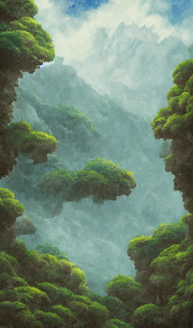 Image similar to magical landscape, mountains, misty, in the style of studio ghibli, high detail